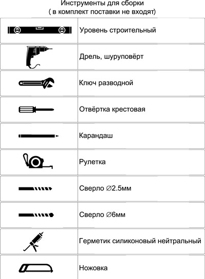 Инструменты для сборки душевой кабины